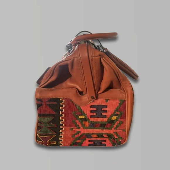 Vintage YUN ART Travel Bag Kilim Wool Leather Turkish Pattern Rush/Tan One Size - Picture 4 of 15